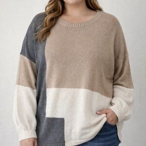 Chic Color Block Sweater - Beige, Gray, and White